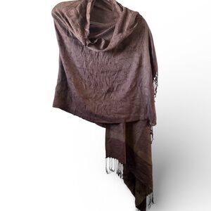 PASHMINA 70% Pashmina 30% Silk Wide Scarf Wrap Shawl Paisley Fringe Brown 80”x29
